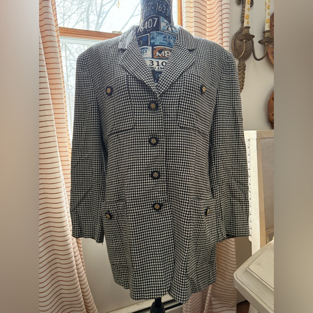 Vintage Jones New York 100% Wool Houndstooth pattern sz 16 Blazer crest buttons